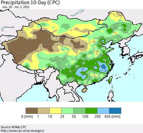 China, Mongolia and Taiwan Precipitation 10-Day (CPC) Thematic Map For 6/26/2021 - 7/5/2021
