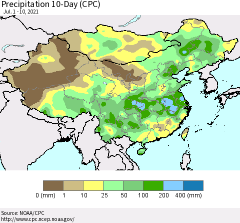 China, Mongolia and Taiwan Precipitation 10-Day (CPC) Thematic Map For 7/1/2021 - 7/10/2021
