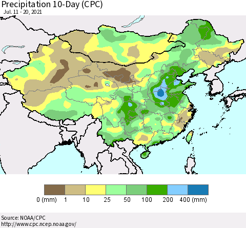 China, Mongolia and Taiwan Precipitation 10-Day (CPC) Thematic Map For 7/11/2021 - 7/20/2021
