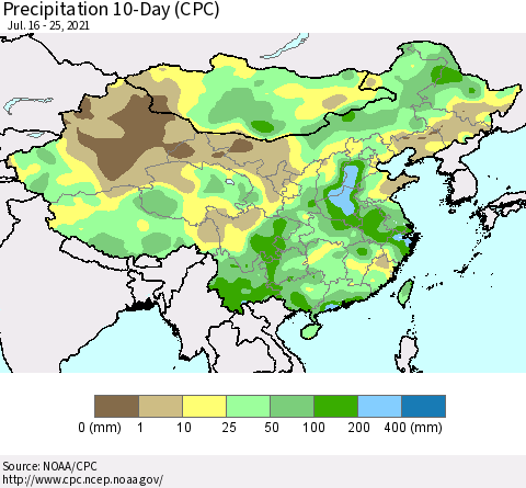 China, Mongolia and Taiwan Precipitation 10-Day (CPC) Thematic Map For 7/16/2021 - 7/25/2021