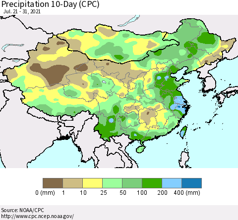China, Mongolia and Taiwan Precipitation 10-Day (CPC) Thematic Map For 7/21/2021 - 7/31/2021