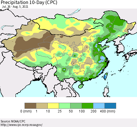 China, Mongolia and Taiwan Precipitation 10-Day (CPC) Thematic Map For 7/26/2021 - 8/5/2021