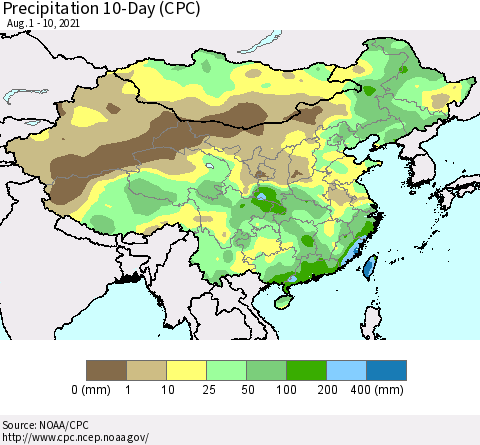 China, Mongolia and Taiwan Precipitation 10-Day (CPC) Thematic Map For 8/1/2021 - 8/10/2021