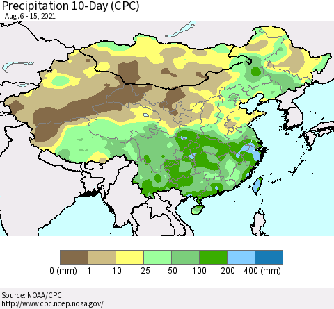 China, Mongolia and Taiwan Precipitation 10-Day (CPC) Thematic Map For 8/6/2021 - 8/15/2021
