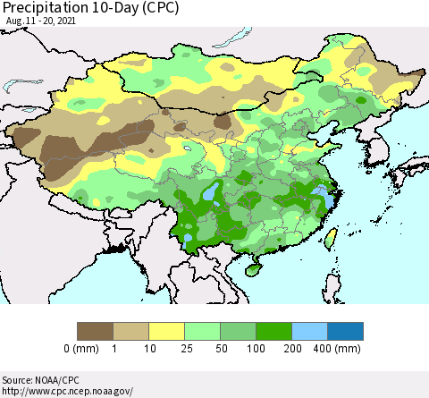 China, Mongolia and Taiwan Precipitation 10-Day (CPC) Thematic Map For 8/11/2021 - 8/20/2021