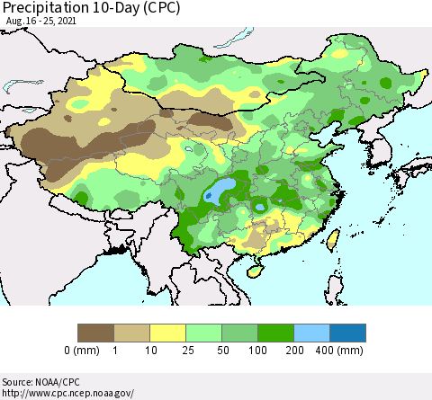China, Mongolia and Taiwan Precipitation 10-Day (CPC) Thematic Map For 8/16/2021 - 8/25/2021