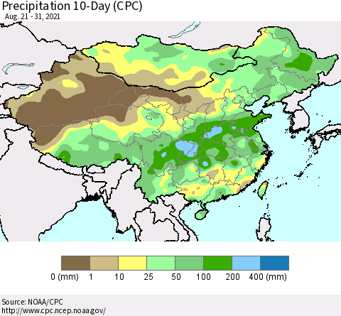 China, Mongolia and Taiwan Precipitation 10-Day (CPC) Thematic Map For 8/21/2021 - 8/31/2021