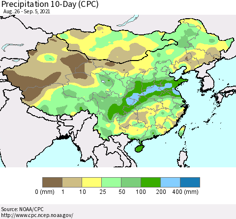 China, Mongolia and Taiwan Precipitation 10-Day (CPC) Thematic Map For 8/26/2021 - 9/5/2021