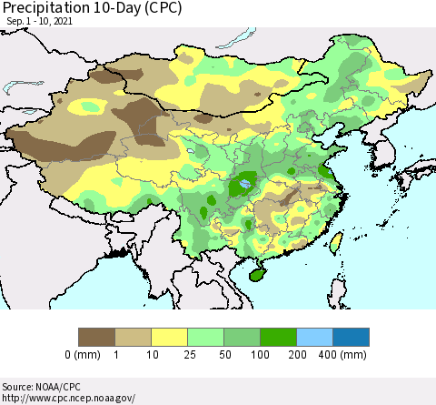 China, Mongolia and Taiwan Precipitation 10-Day (CPC) Thematic Map For 9/1/2021 - 9/10/2021