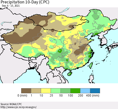 China, Mongolia and Taiwan Precipitation 10-Day (CPC) Thematic Map For 9/6/2021 - 9/15/2021