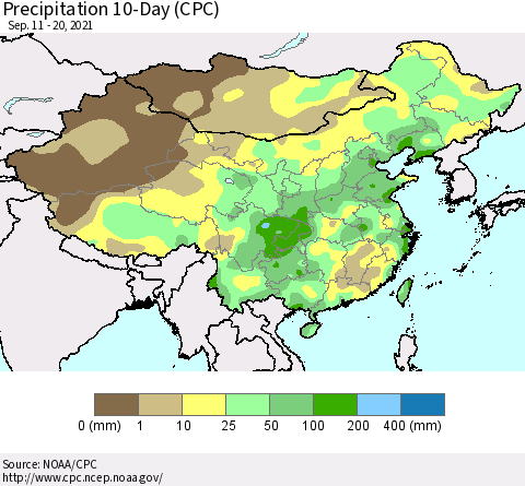 China, Mongolia and Taiwan Precipitation 10-Day (CPC) Thematic Map For 9/11/2021 - 9/20/2021