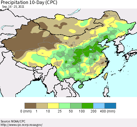 China, Mongolia and Taiwan Precipitation 10-Day (CPC) Thematic Map For 9/16/2021 - 9/25/2021