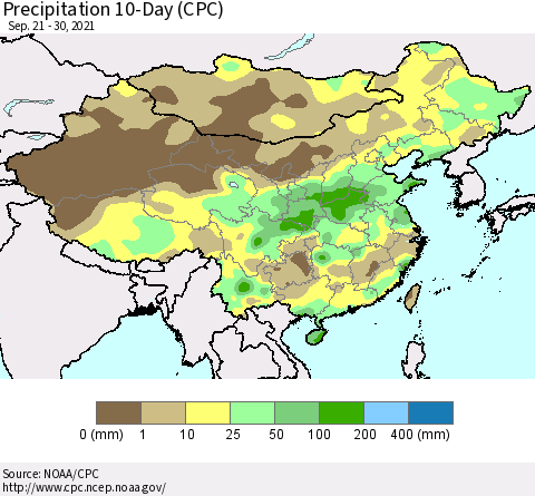 China, Mongolia and Taiwan Precipitation 10-Day (CPC) Thematic Map For 9/21/2021 - 9/30/2021