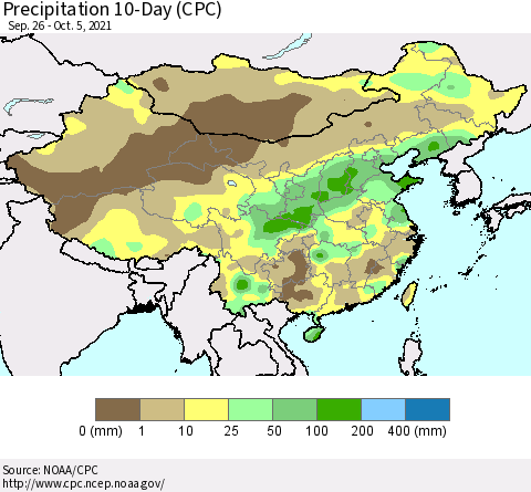 China, Mongolia and Taiwan Precipitation 10-Day (CPC) Thematic Map For 9/26/2021 - 10/5/2021