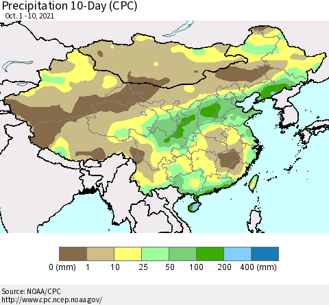 China, Mongolia and Taiwan Precipitation 10-Day (CPC) Thematic Map For 10/1/2021 - 10/10/2021