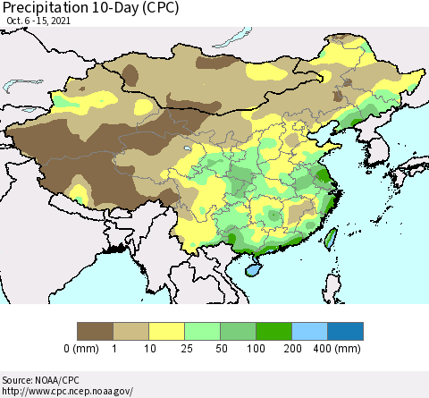 China, Mongolia and Taiwan Precipitation 10-Day (CPC) Thematic Map For 10/6/2021 - 10/15/2021