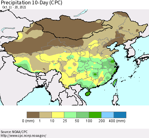 China, Mongolia and Taiwan Precipitation 10-Day (CPC) Thematic Map For 10/11/2021 - 10/20/2021