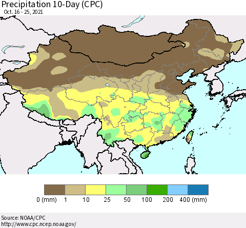 China, Mongolia and Taiwan Precipitation 10-Day (CPC) Thematic Map For 10/16/2021 - 10/25/2021