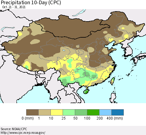 China, Mongolia and Taiwan Precipitation 10-Day (CPC) Thematic Map For 10/21/2021 - 10/31/2021