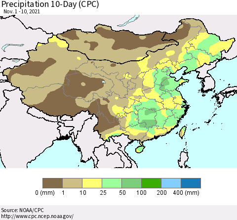 China, Mongolia and Taiwan Precipitation 10-Day (CPC) Thematic Map For 11/1/2021 - 11/10/2021