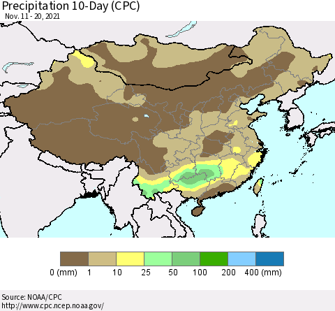 China, Mongolia and Taiwan Precipitation 10-Day (CPC) Thematic Map For 11/11/2021 - 11/20/2021