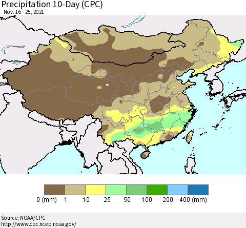 China, Mongolia and Taiwan Precipitation 10-Day (CPC) Thematic Map For 11/16/2021 - 11/25/2021