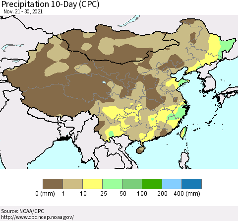 China, Mongolia and Taiwan Precipitation 10-Day (CPC) Thematic Map For 11/21/2021 - 11/30/2021