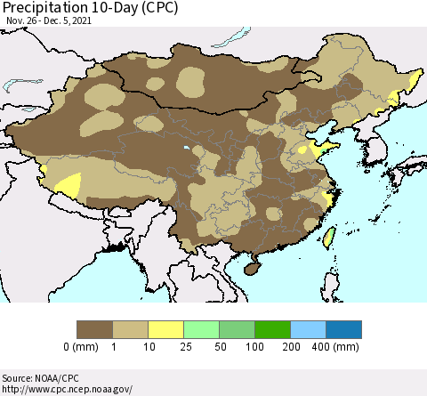 China, Mongolia and Taiwan Precipitation 10-Day (CPC) Thematic Map For 11/26/2021 - 12/5/2021