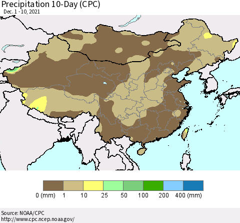 China, Mongolia and Taiwan Precipitation 10-Day (CPC) Thematic Map For 12/1/2021 - 12/10/2021