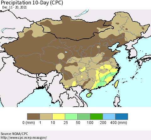 China, Mongolia and Taiwan Precipitation 10-Day (CPC) Thematic Map For 12/11/2021 - 12/20/2021