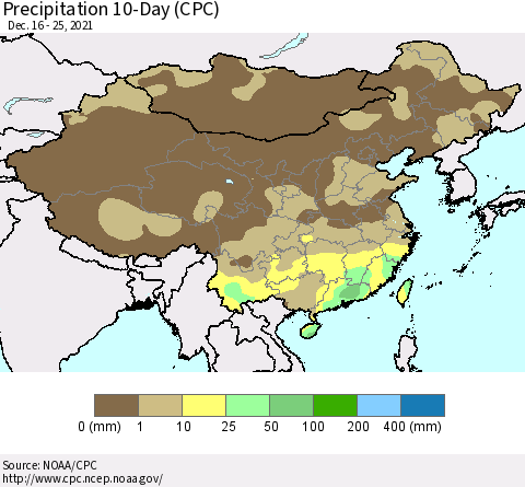 China, Mongolia and Taiwan Precipitation 10-Day (CPC) Thematic Map For 12/16/2021 - 12/25/2021