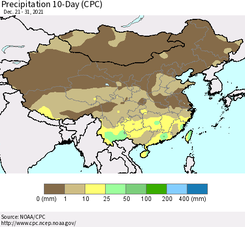 China, Mongolia and Taiwan Precipitation 10-Day (CPC) Thematic Map For 12/21/2021 - 12/31/2021