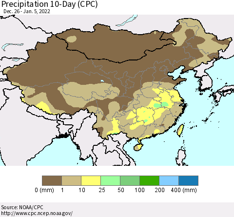 China, Mongolia and Taiwan Precipitation 10-Day (CPC) Thematic Map For 12/26/2021 - 1/5/2022