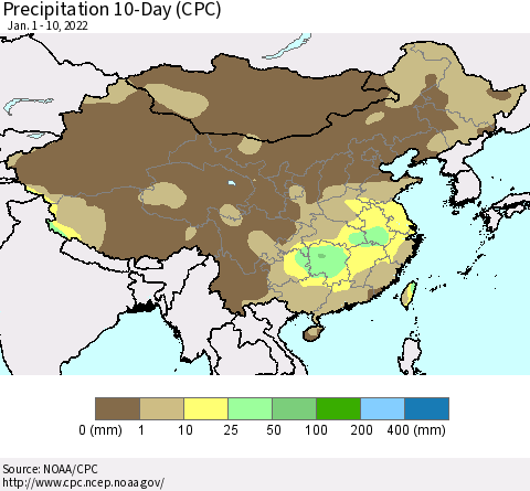 China, Mongolia and Taiwan Precipitation 10-Day (CPC) Thematic Map For 1/1/2022 - 1/10/2022
