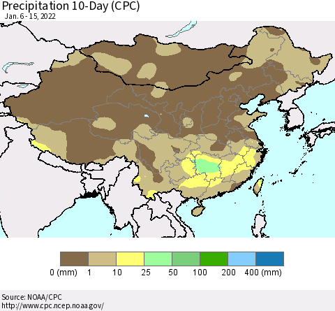 China, Mongolia and Taiwan Precipitation 10-Day (CPC) Thematic Map For 1/6/2022 - 1/15/2022