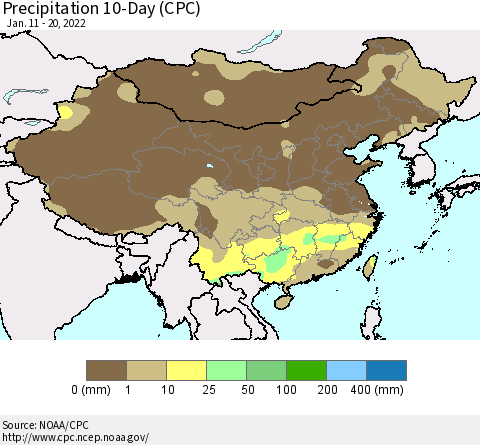 China, Mongolia and Taiwan Precipitation 10-Day (CPC) Thematic Map For 1/11/2022 - 1/20/2022