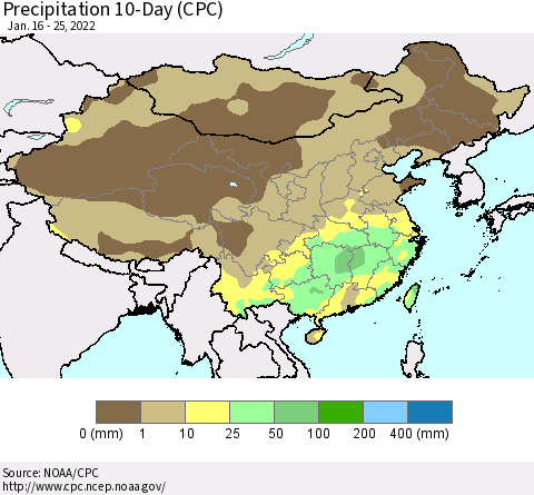 China, Mongolia and Taiwan Precipitation 10-Day (CPC) Thematic Map For 1/16/2022 - 1/25/2022
