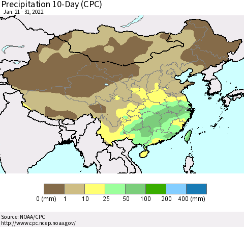 China, Mongolia and Taiwan Precipitation 10-Day (CPC) Thematic Map For 1/21/2022 - 1/31/2022