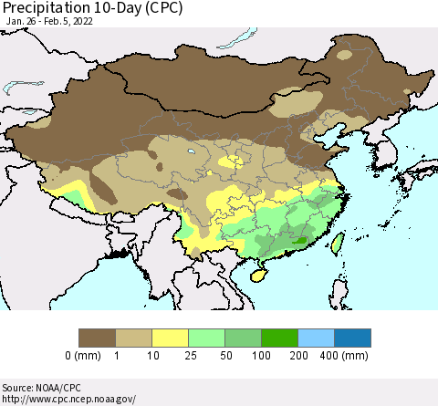 China, Mongolia and Taiwan Precipitation 10-Day (CPC) Thematic Map For 1/26/2022 - 2/5/2022