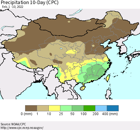 China, Mongolia and Taiwan Precipitation 10-Day (CPC) Thematic Map For 2/1/2022 - 2/10/2022