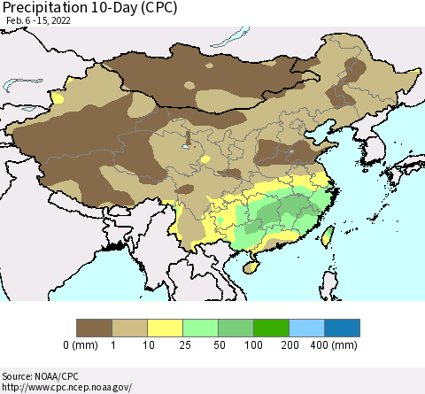 China, Mongolia and Taiwan Precipitation 10-Day (CPC) Thematic Map For 2/6/2022 - 2/15/2022