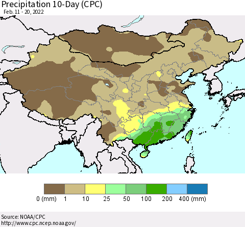 China, Mongolia and Taiwan Precipitation 10-Day (CPC) Thematic Map For 2/11/2022 - 2/20/2022