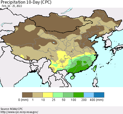 China, Mongolia and Taiwan Precipitation 10-Day (CPC) Thematic Map For 2/16/2022 - 2/25/2022