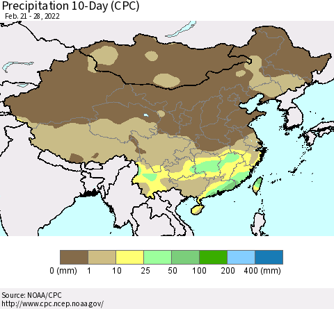 China, Mongolia and Taiwan Precipitation 10-Day (CPC) Thematic Map For 2/21/2022 - 2/28/2022