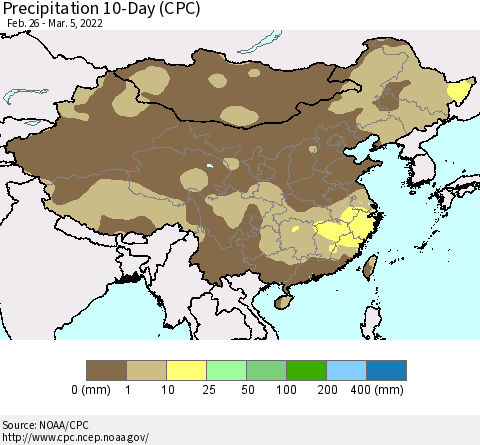 China, Mongolia and Taiwan Precipitation 10-Day (CPC) Thematic Map For 2/26/2022 - 3/5/2022
