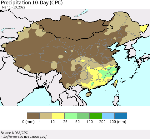 China, Mongolia and Taiwan Precipitation 10-Day (CPC) Thematic Map For 3/1/2022 - 3/10/2022