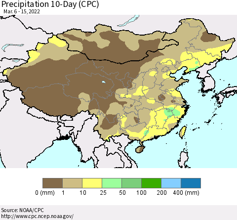 China, Mongolia and Taiwan Precipitation 10-Day (CPC) Thematic Map For 3/6/2022 - 3/15/2022