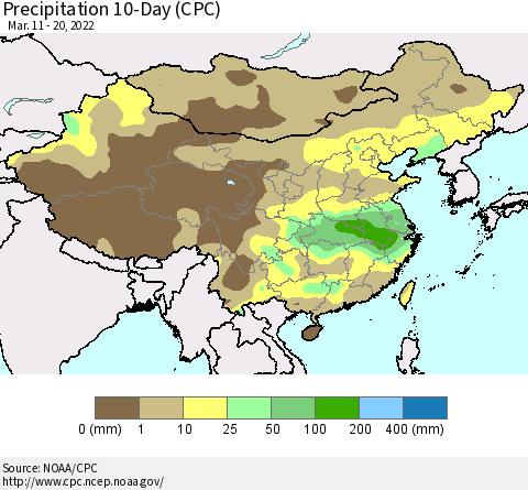 China, Mongolia and Taiwan Precipitation 10-Day (CPC) Thematic Map For 3/11/2022 - 3/20/2022