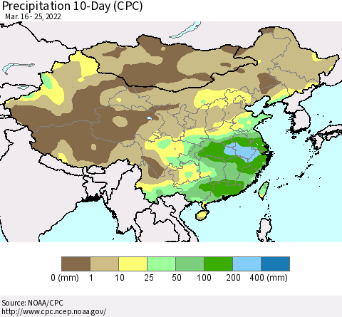 China, Mongolia and Taiwan Precipitation 10-Day (CPC) Thematic Map For 3/16/2022 - 3/25/2022