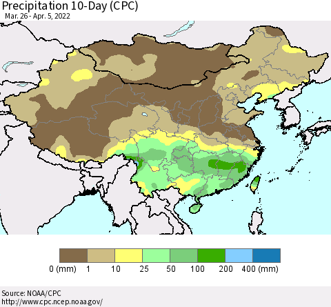 China, Mongolia and Taiwan Precipitation 10-Day (CPC) Thematic Map For 3/26/2022 - 4/5/2022